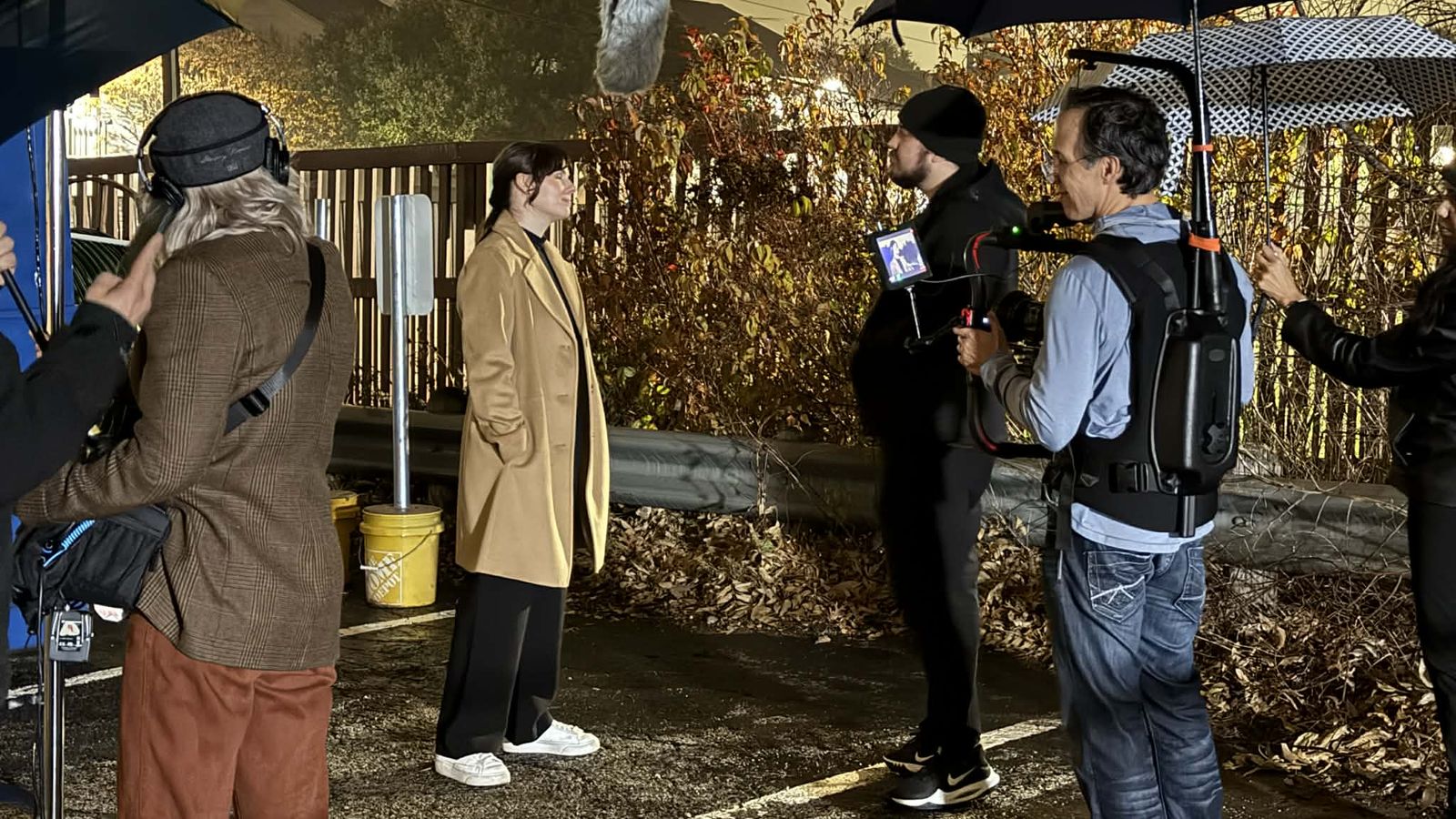 Behind the scenes on a film set at night